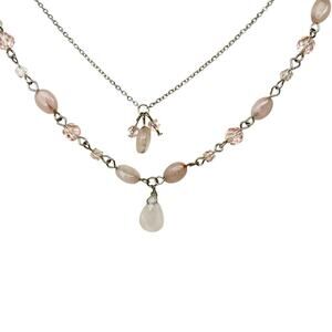 Rose Quartz Pendant Necklace Pink Faceted Glass Beads Double Chain Silver Tone
